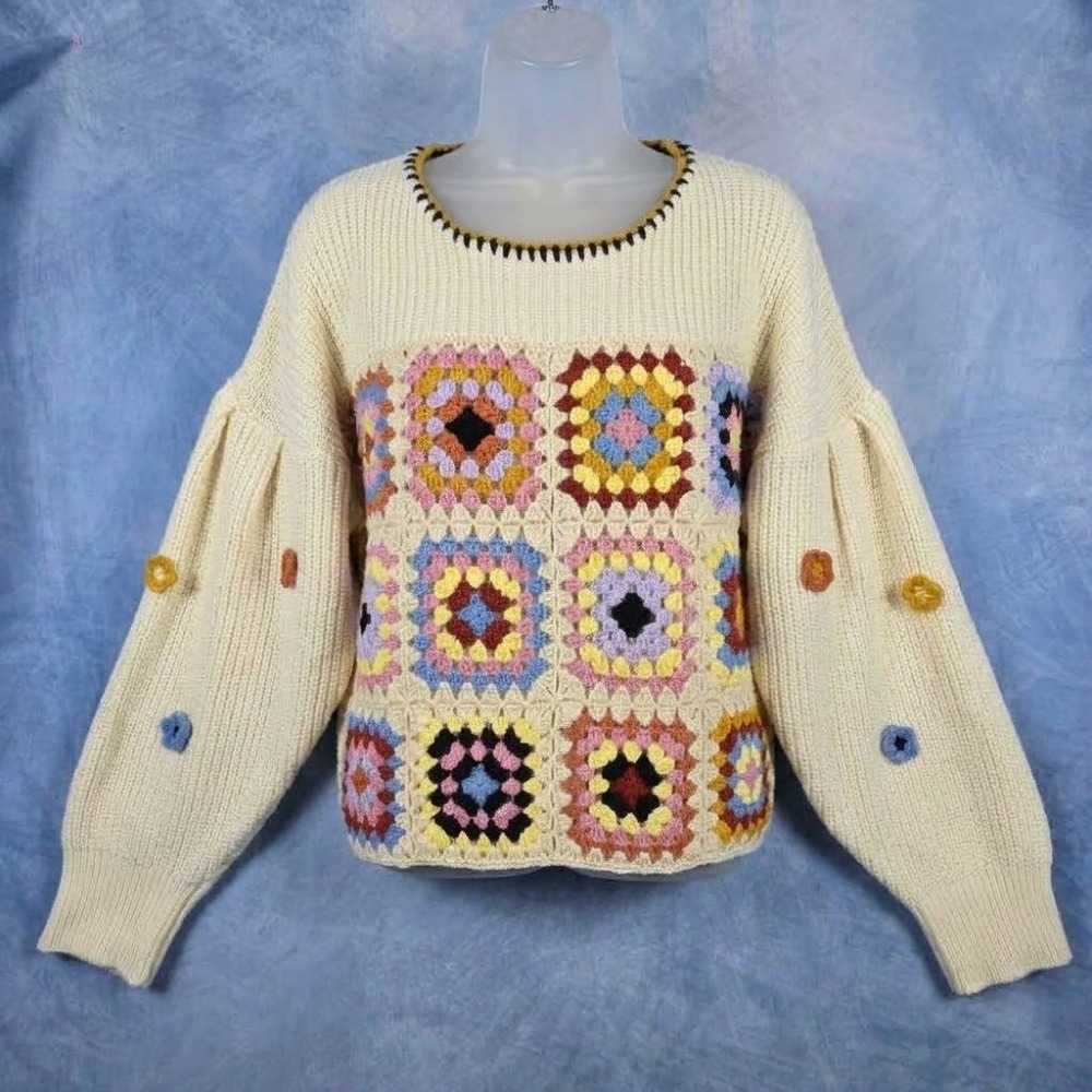 Entro Womens Granny Square Crochet Puff Sleeve Sweater Cream Multi Boho Small